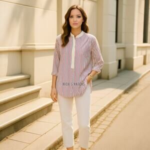 Alex Mill Striped Cotton Popover Tunic Red White Blue Oversized Shirt Size XS